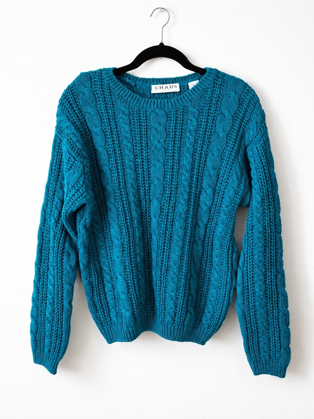 Vintage Chaus Cable Knit Sweater Teal Ramie Cotton Fisherman Chunky Pullover S